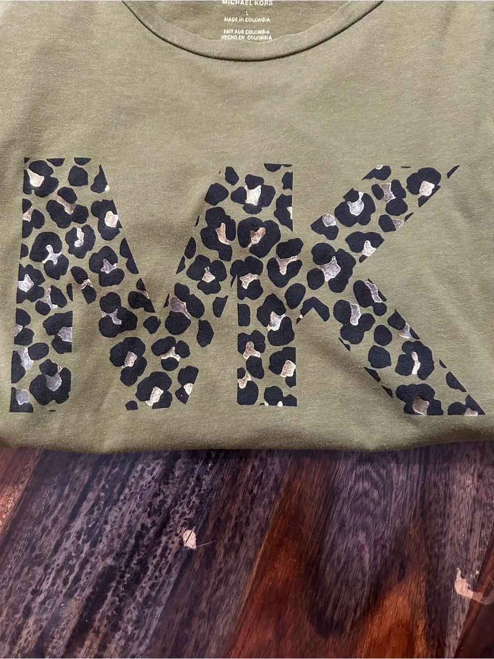 Michael Kors Olive Green Tee with Leopard MK Logo